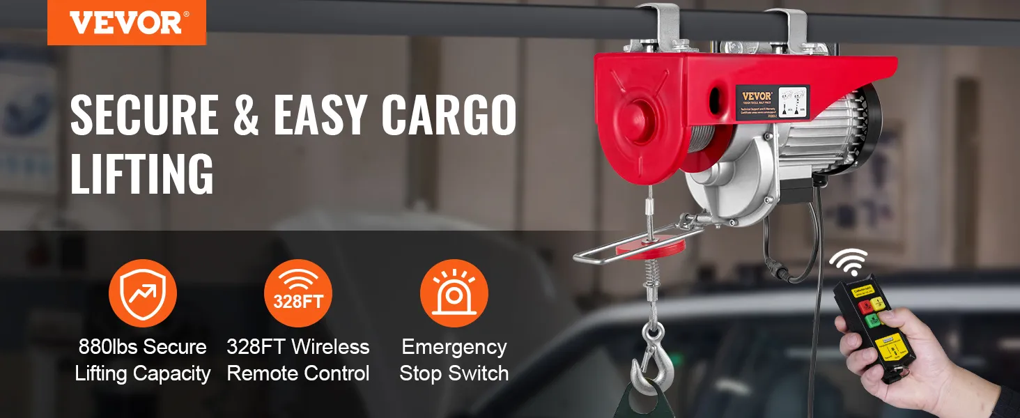VEVOR electric hoist with 880lbs lifting capacity, wireless remote control, and emergency stop switch.