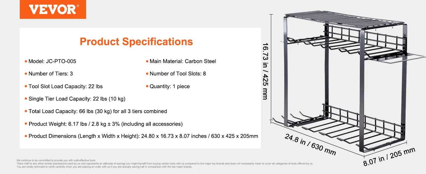 Organizer na elektronarzędzia VEVOR, 3 półki, stal węglowa, 8 przegródek, całkowite obciążenie 66 funtów, wymiary 24,8 x 16,73 x 8,07 cala.