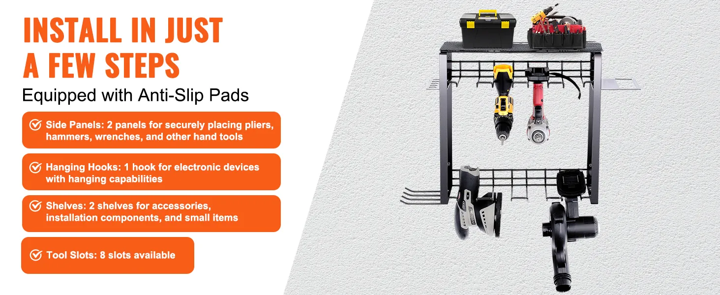 Organizer na elektronarzędzia VEVOR z panelami bocznymi, półkami, haczykami do zawieszania i otworami na narzędzia zapewniającymi łatwą instalację.