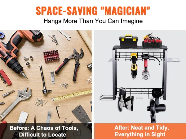 Porównanie organizerów elektronarzędzi VEVOR: chaotyczne przechowywanie narzędzi kontra uporządkowane i czyste rozwiązanie.
