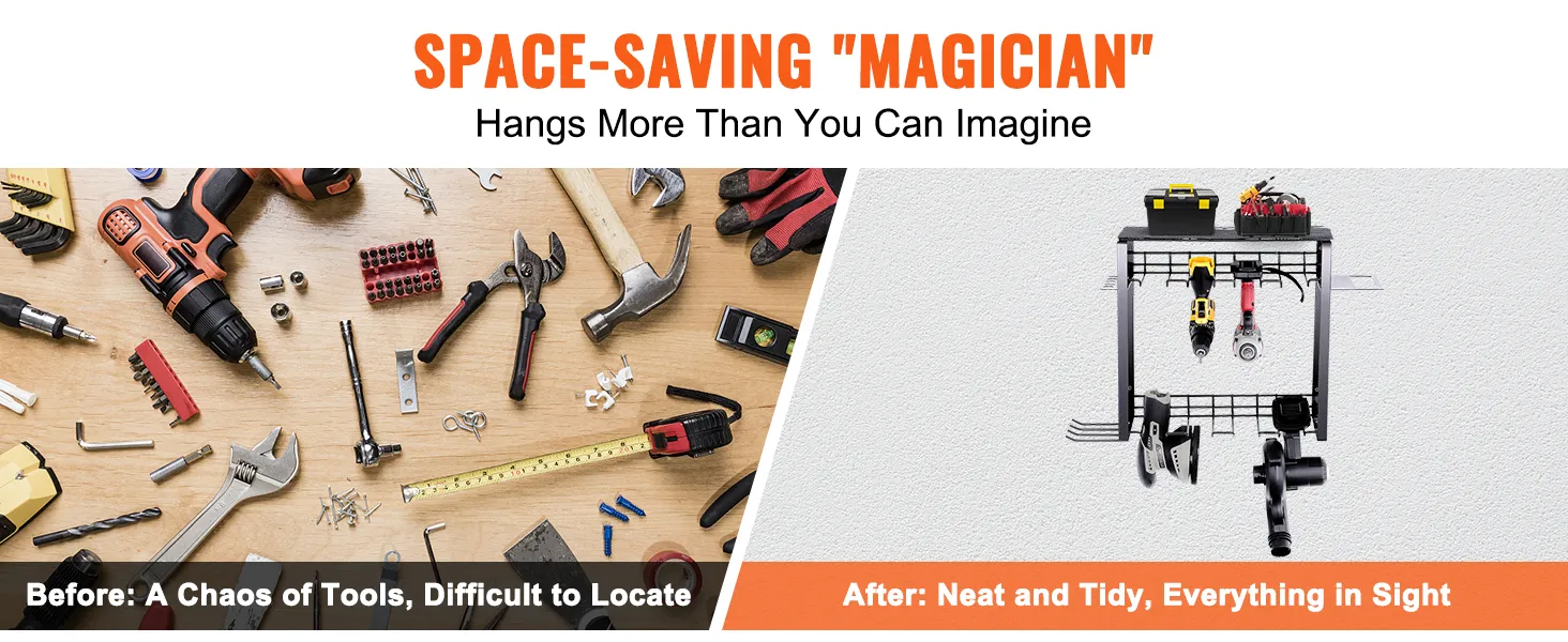 Porównanie organizerów elektronarzędzi VEVOR: chaotyczne przechowywanie narzędzi kontra uporządkowane i czyste rozwiązanie.