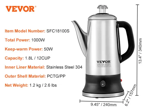 Cafetera eléctrica VEVOR, 1000w, capacidad 1,8l, acero inoxidable, dimensiones y piezas mostradas.