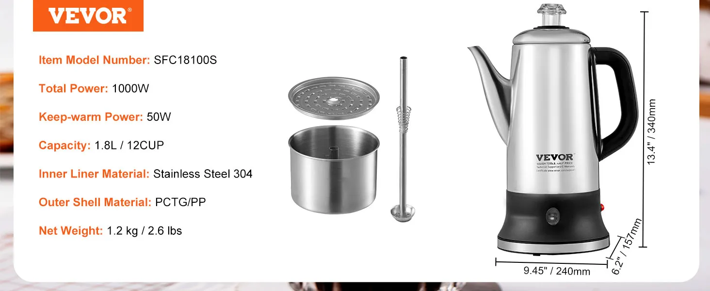 Cafetera eléctrica VEVOR, 1000w, capacidad 1,8l, acero inoxidable, dimensiones y piezas mostradas.