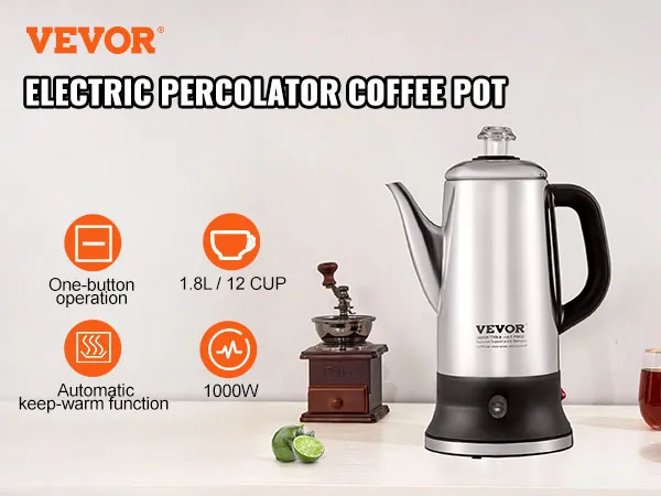 Cafetera eléctrica de percolador VEVOR, capacidad de 1,8l, 1000w, con funcionamiento con un solo botón, café y tostadas.