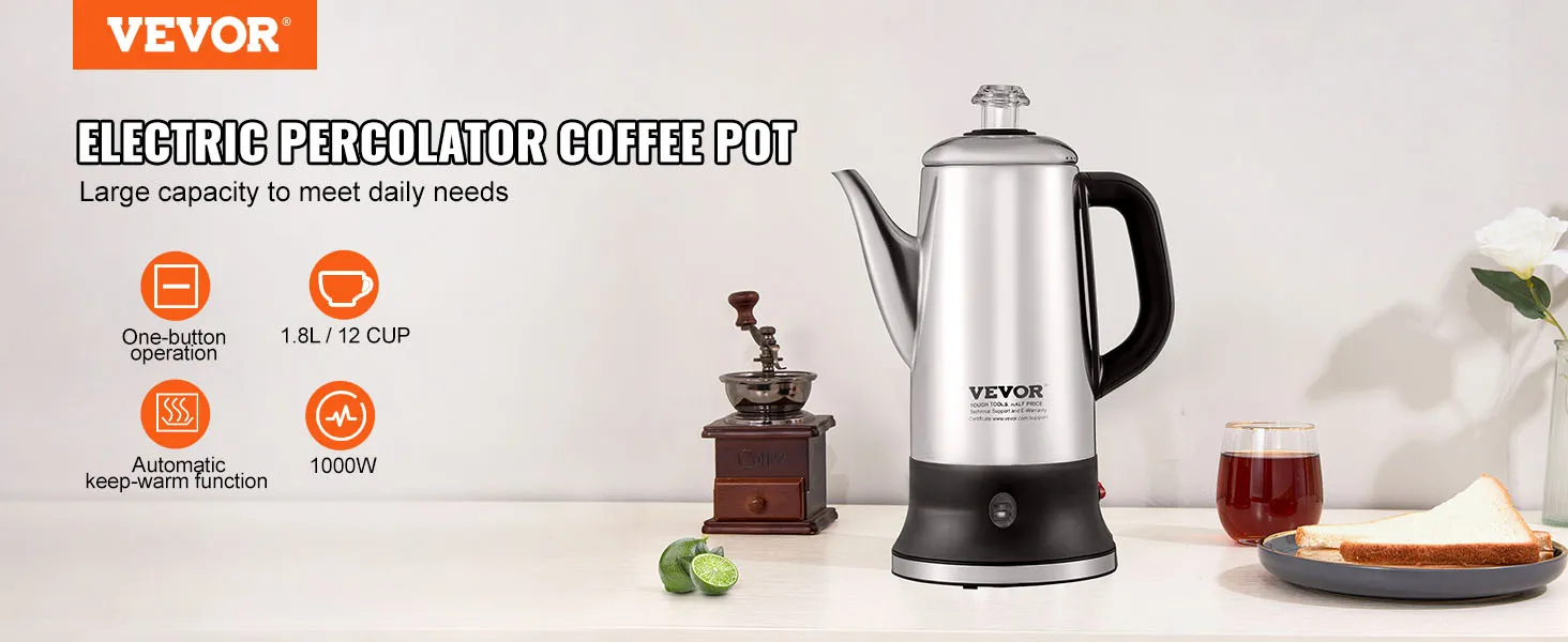 Cafetera eléctrica de percolador VEVOR, capacidad de 1,8l, 1000w, con funcionamiento con un solo botón, café y tostadas.