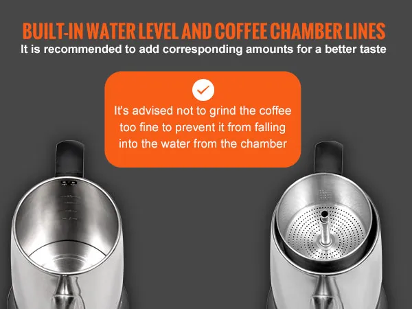 Cafetera eléctrica VEVOR con nivel de agua incorporado y líneas de cámara de café.