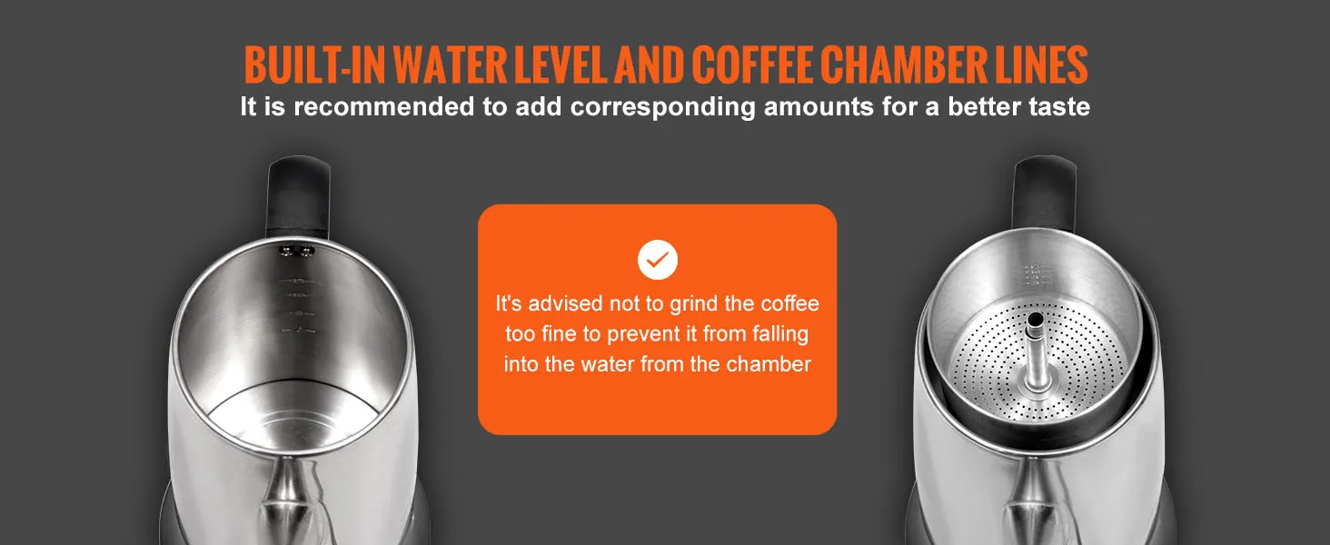 Cafetera eléctrica VEVOR con nivel de agua incorporado y líneas de cámara de café.