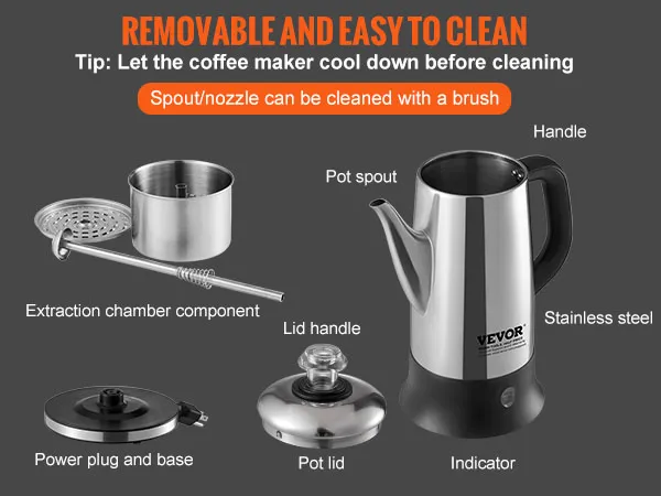 Cafetera eléctrica VEVOR con componentes de acero inoxidable extraíbles para una fácil limpieza.