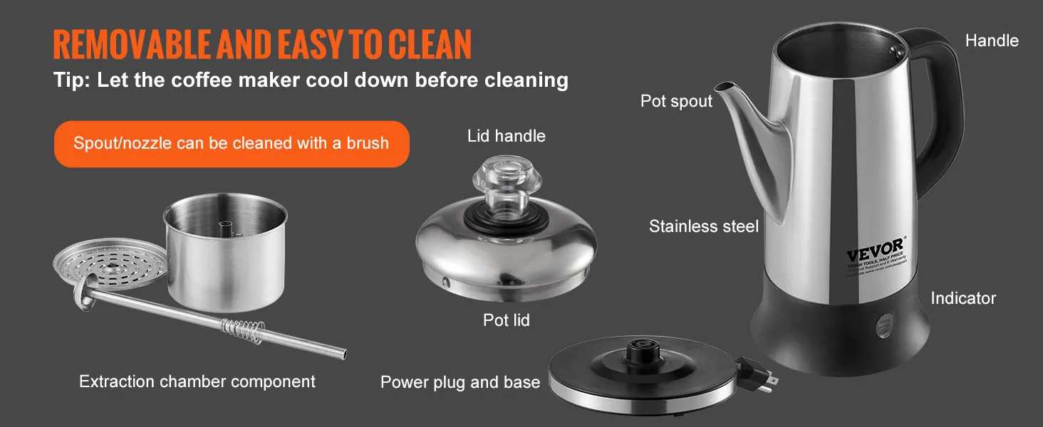 Cafetera eléctrica VEVOR con componentes de acero inoxidable extraíbles para una fácil limpieza.