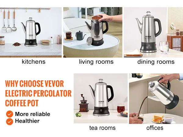Cafetera eléctrica VEVOR en cocinas, salas de estar, comedores, salones de té y oficinas.