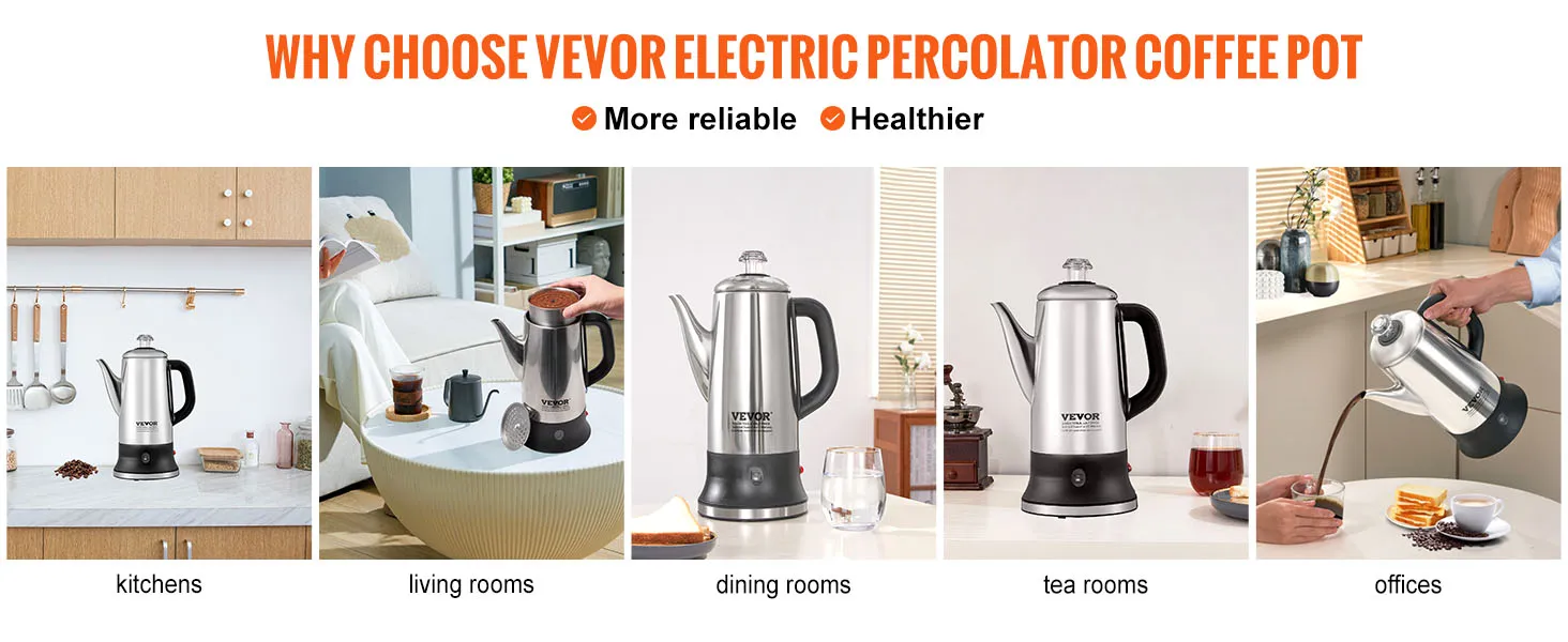 Cafetera eléctrica VEVOR en cocinas, salas de estar, comedores, salones de té y oficinas.
