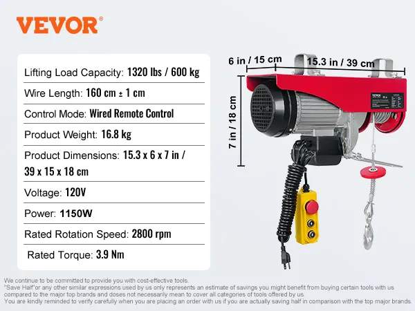 Polipasto eléctrico VEVOR, capacidad de 1320 lbs, cable de 160 cm, control remoto con cable, motor de 1150w, 2800rpm, 39x15x18 cm.