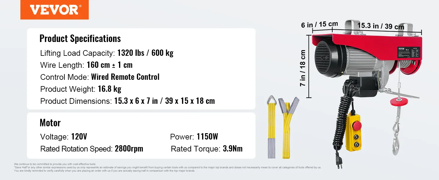 Polipasto eléctrico VEVOR, capacidad de 1320 lbs, cable de 160 cm, control remoto con cable, motor de 1150w, 2800rpm, 39x15x18 cm.
