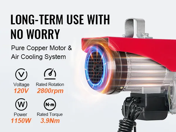 Polipasto eléctrico VEVOR con motor de cobre puro, sistema de refrigeración por aire, potencia de 1150w y rotación de 2800rpm.