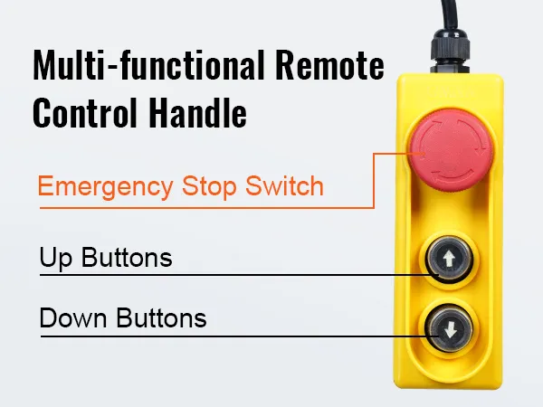 Control remoto multifuncional para polipasto eléctrico VEVOR con parada de emergencia, botones de subida y bajada.