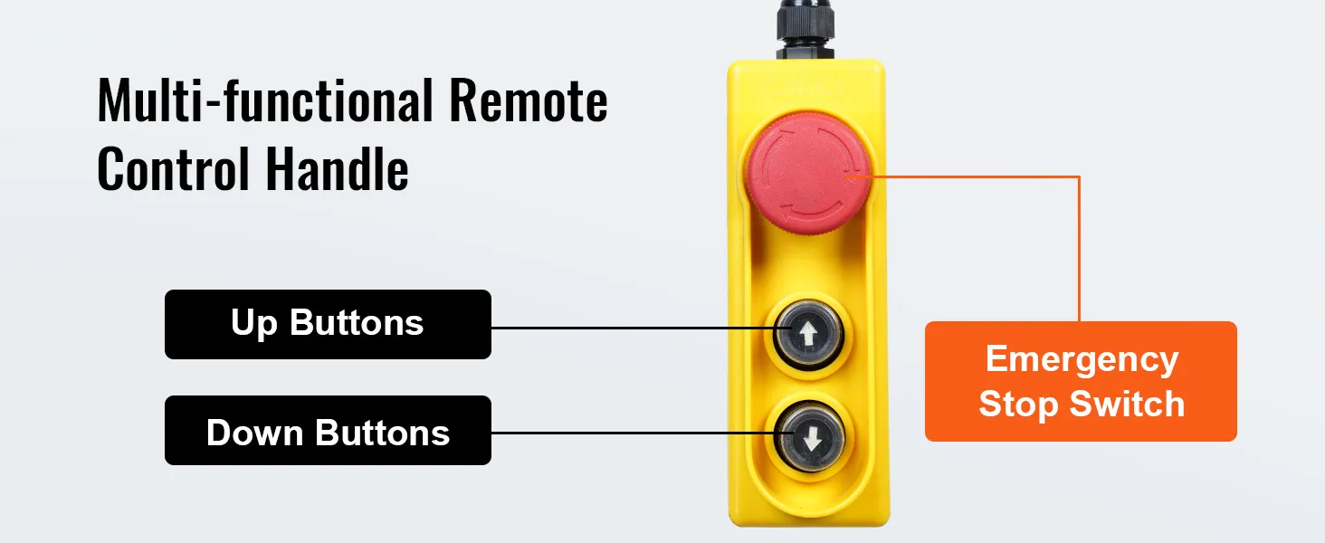 Control remoto multifuncional para polipasto eléctrico VEVOR con parada de emergencia, botones de subida y bajada.
