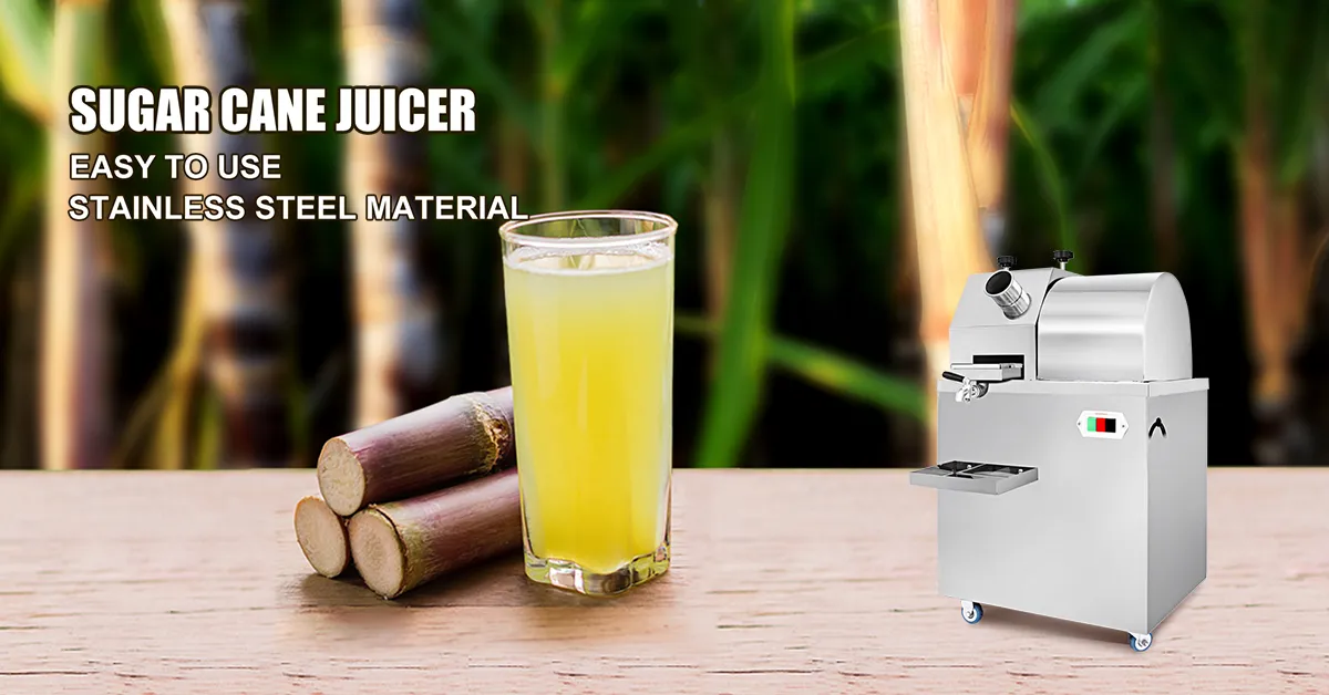 VEVOR sugarcane press with fresh juice glass and sugarcane on wooden surface.