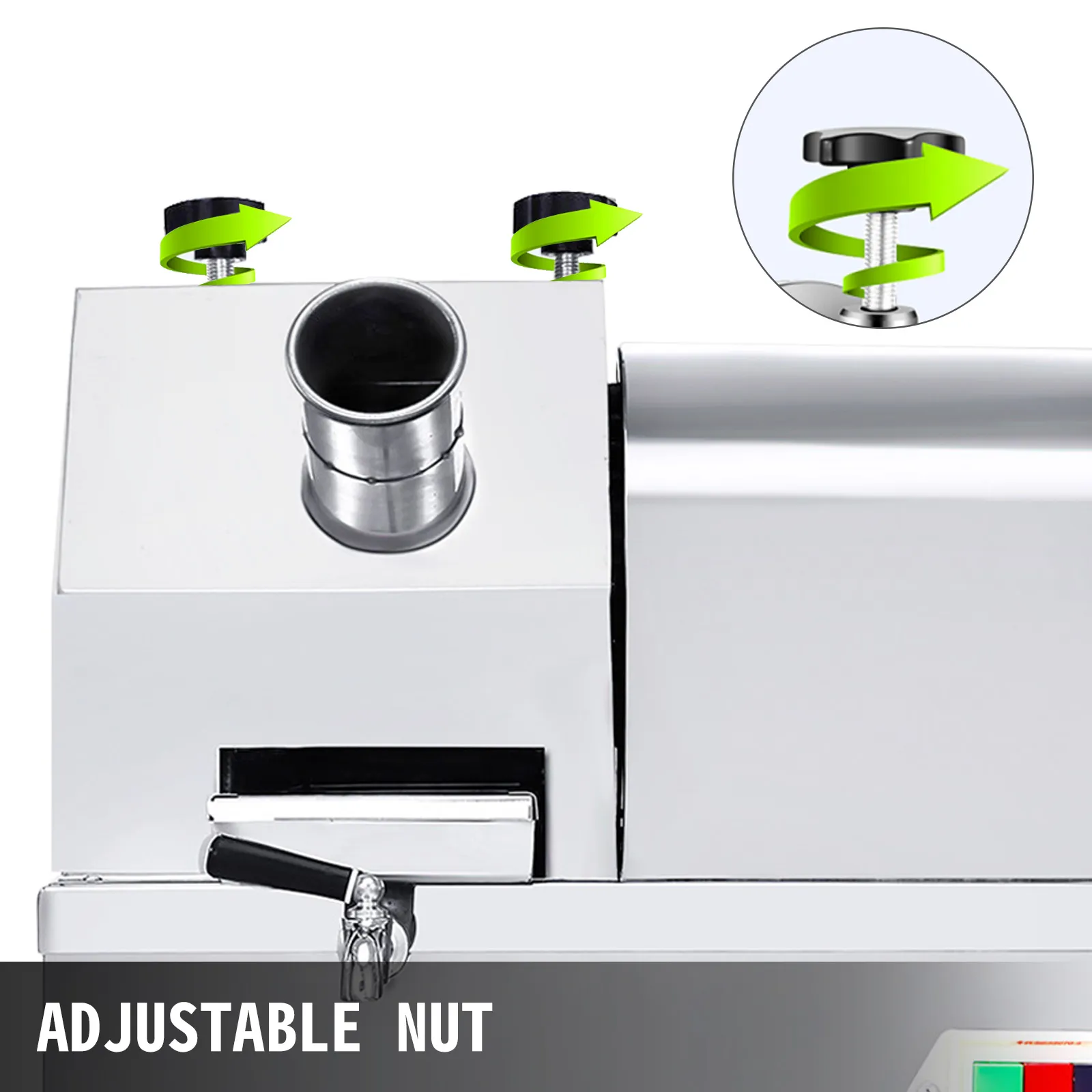 VEVOR sugarcane press with adjustable nut and stainless steel pipe.