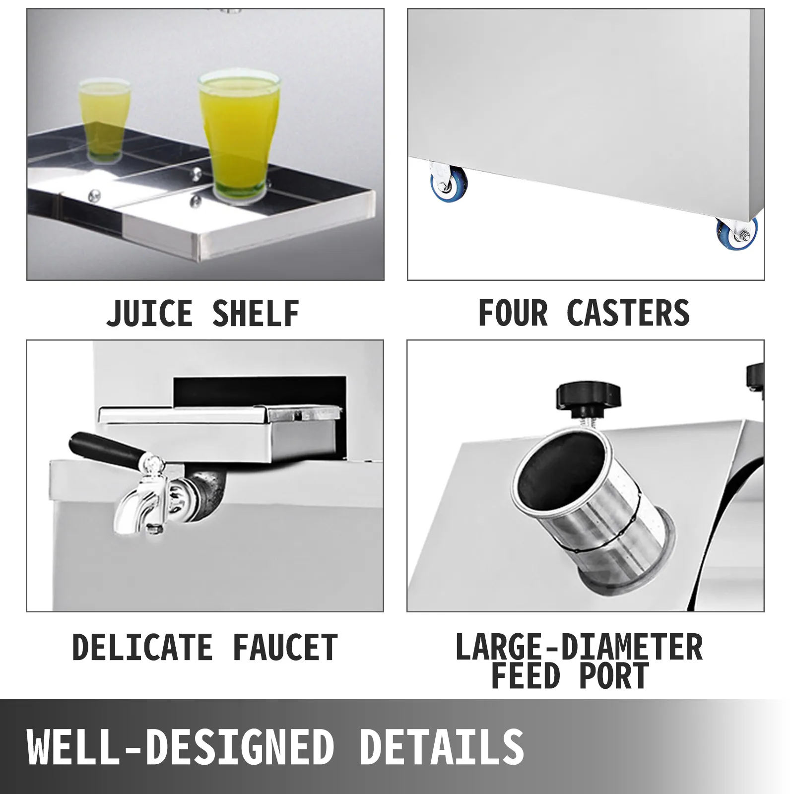 VEVOR sugarcane press with juice shelf, four casters, delicate faucet, and feed port.