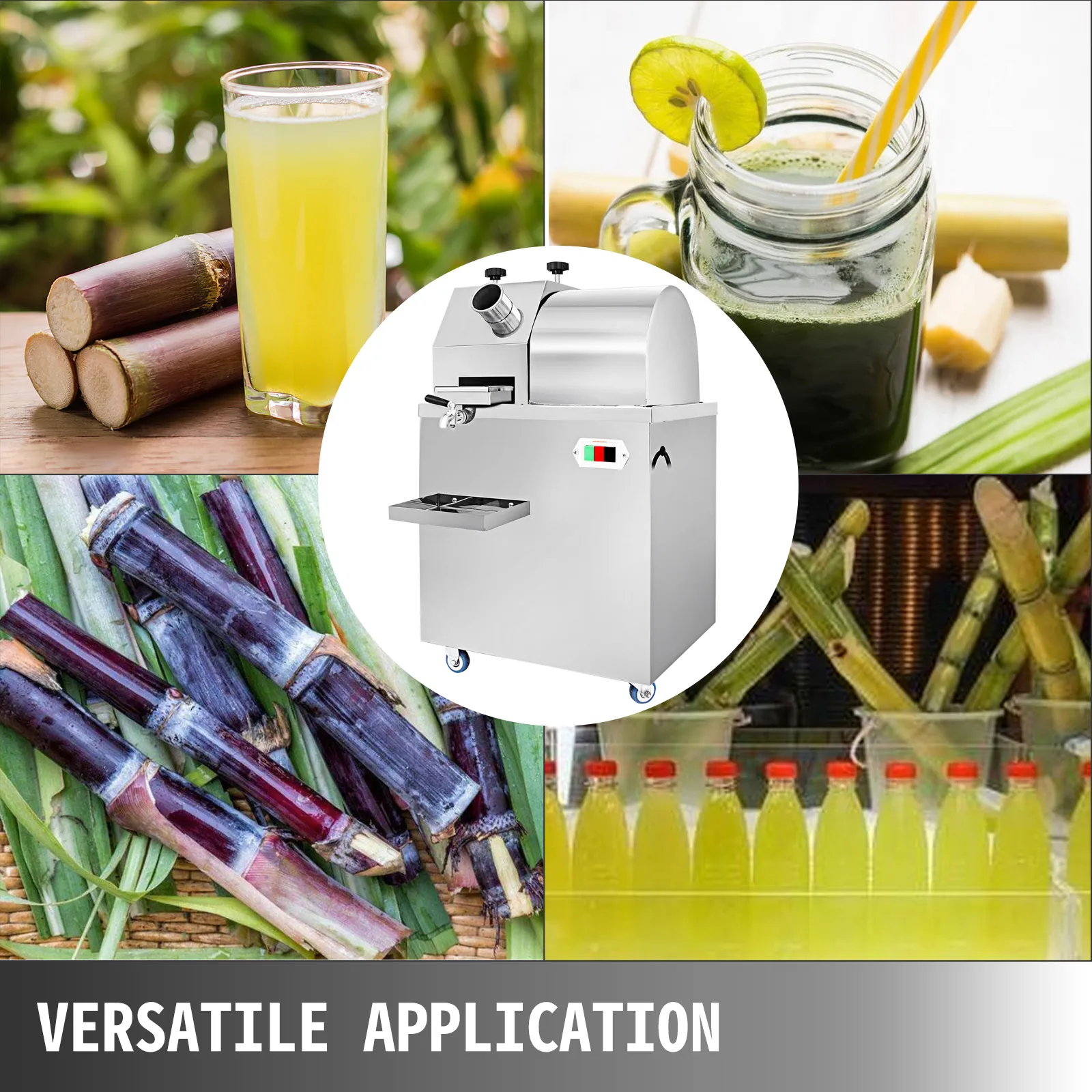 VEVOR sugarcane press with sugarcane, juice, and bottled products. versatile application.