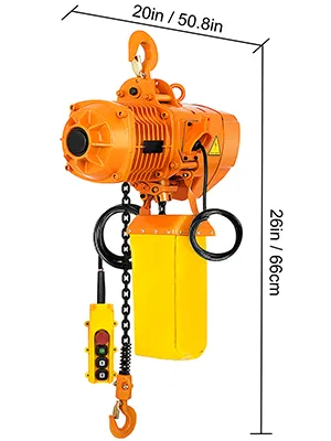 VEVOR electric chain hoist in orange with measurements: 20in (50.8cm) wide, 26in (66cm) tall.
