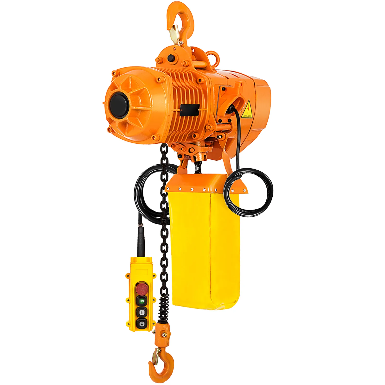 orange VEVOR electric chain hoist with yellow control pendant and black chain.