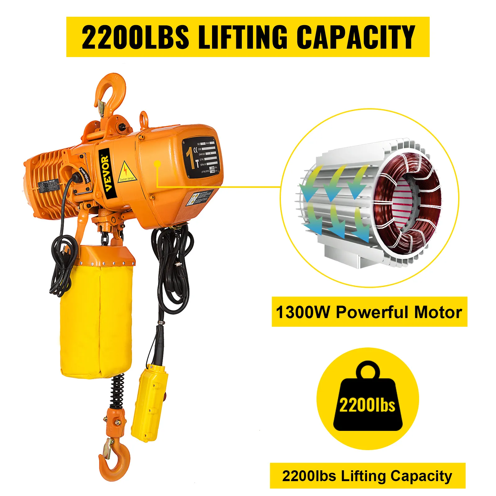 VEVOR electric chain hoist with 2200lbs lifting capacity and 1300w powerful motor.