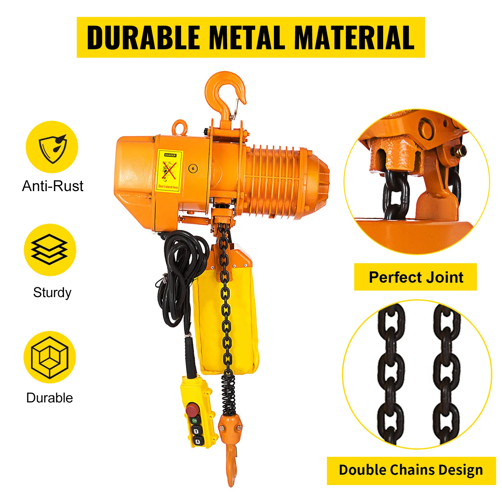 VEVOR electric chain hoist with anti-rust, double chains, and sturdy metal material.