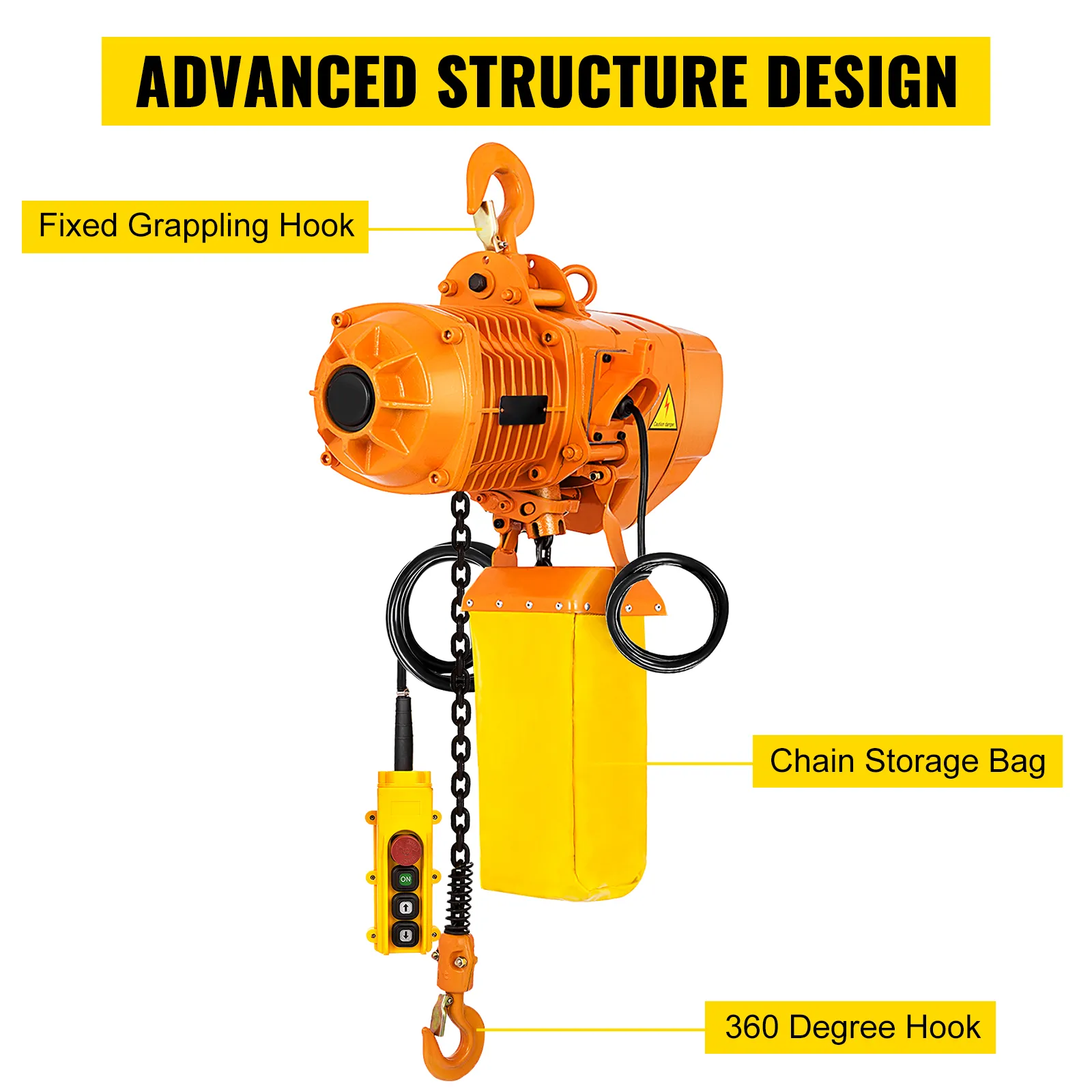 VEVOR electric chain hoist with fixed grappling hook, chain storage bag, and 360-degree hook.