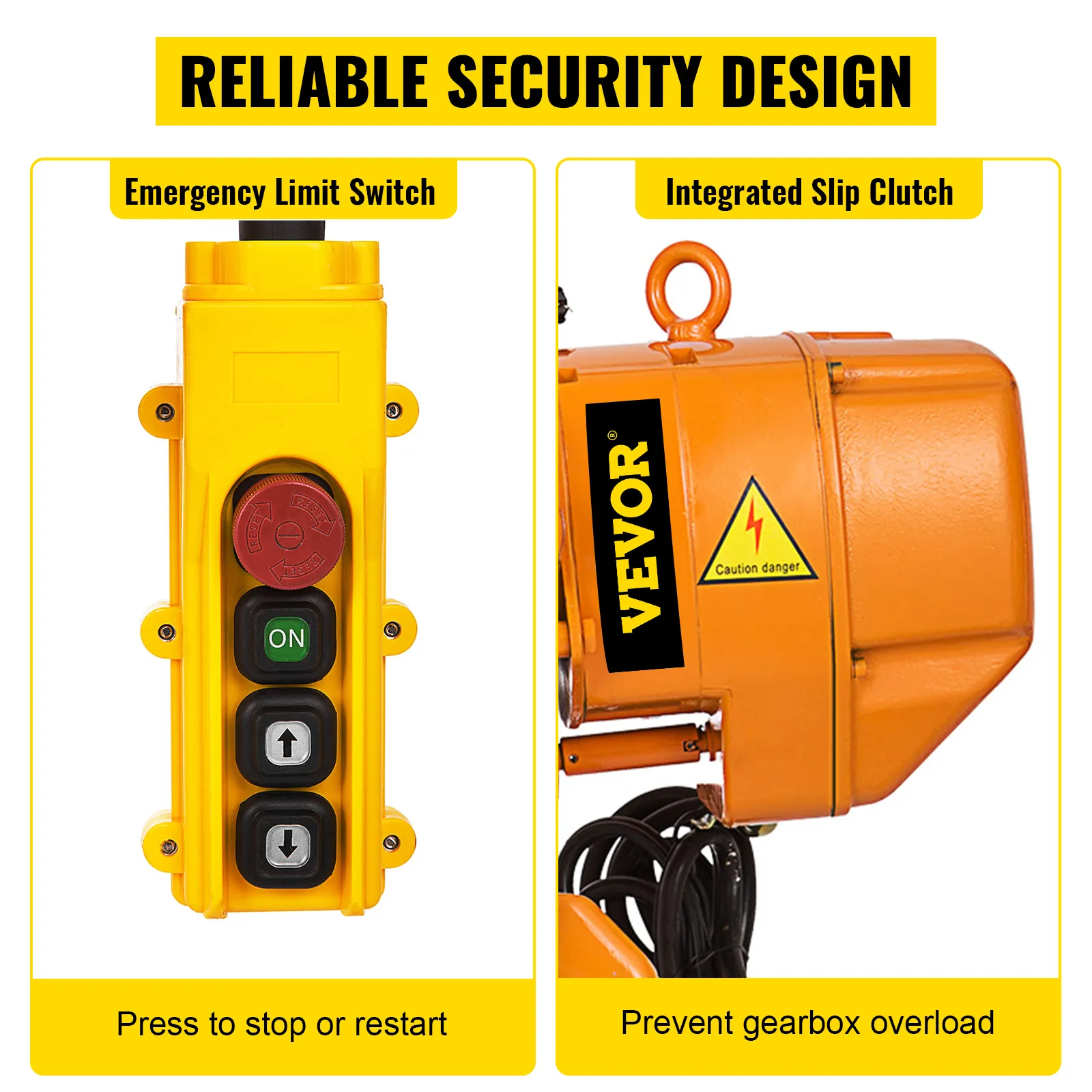 VEVOR electric chain hoist with emergency limit switch and integrated slip clutch.