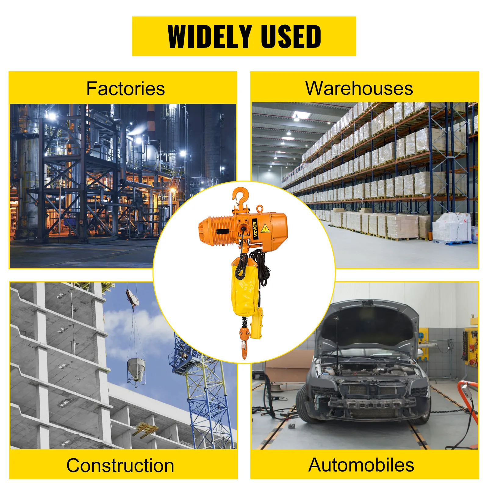 VEVOR electric chain hoist used in factories, warehouses, construction, and automobiles.