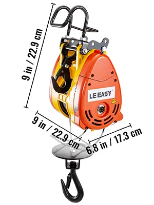 Polipasto de cadena eléctrico VEVOR naranja y amarillo con medidas.