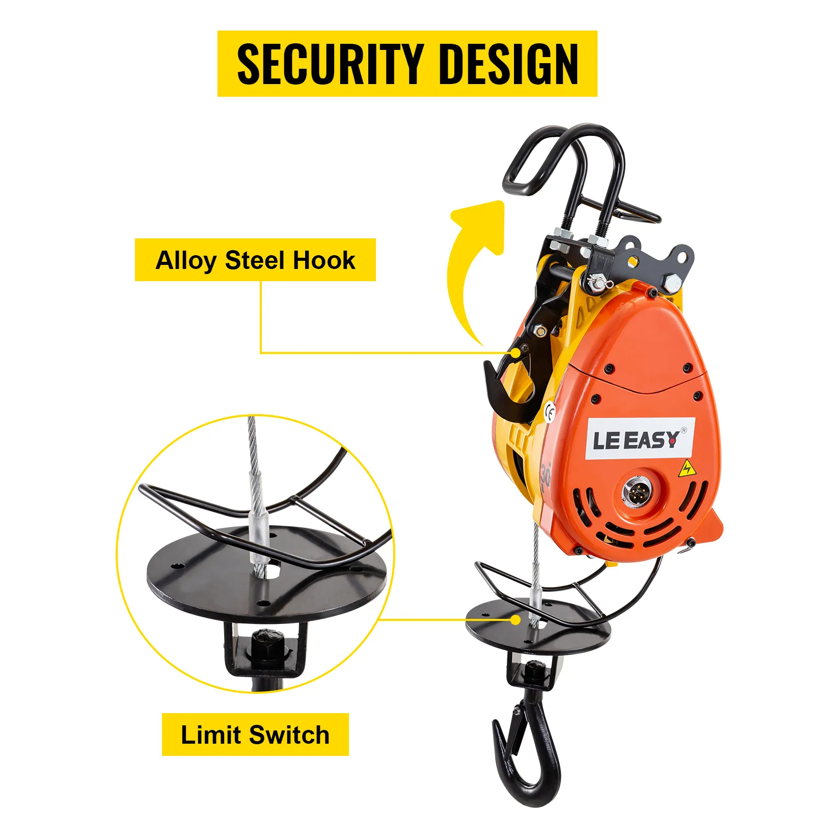 Polipasto de cadena eléctrico VEVOR con gancho de acero de aleación e interruptor de límite para diseño de seguridad.