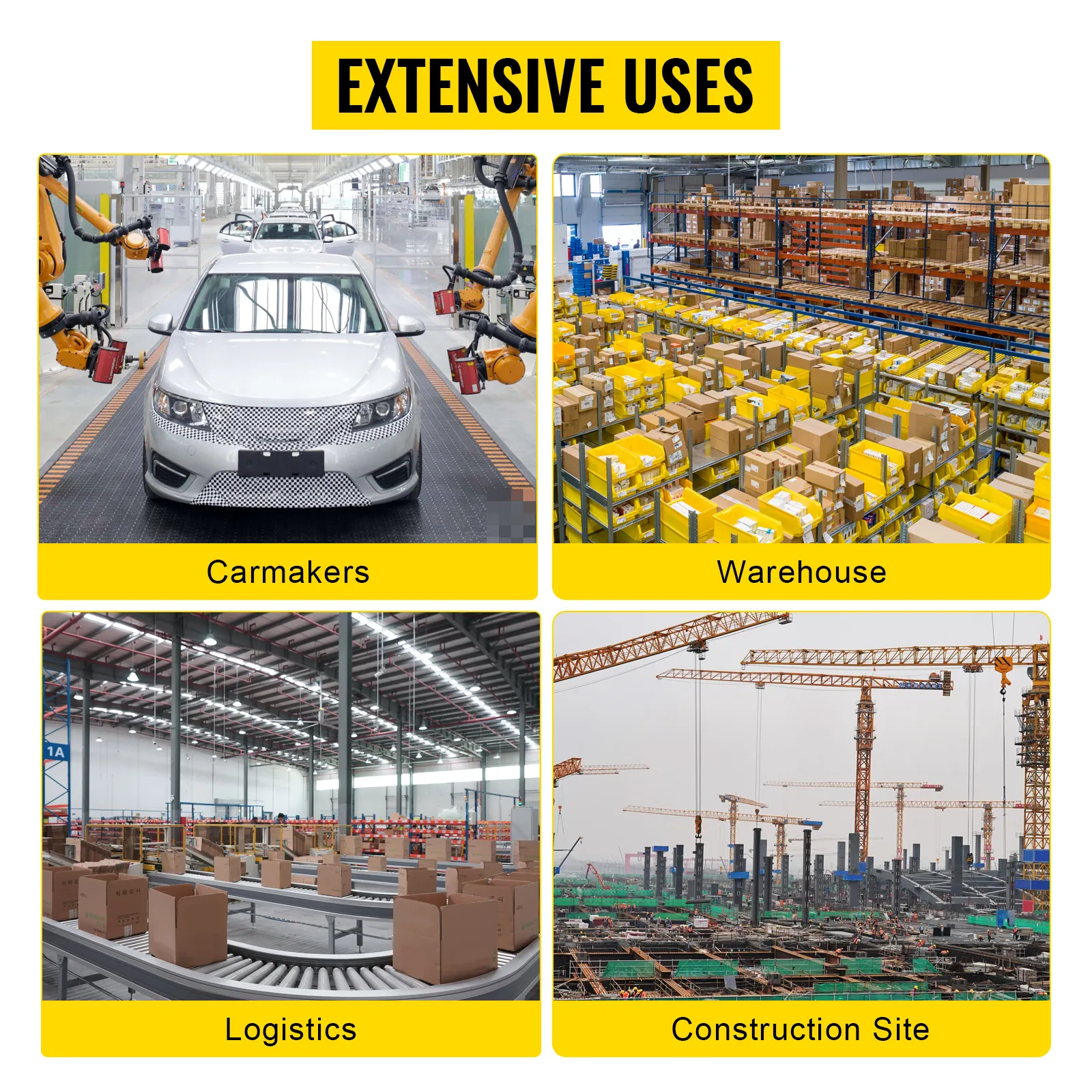 Polipasto de cadena eléctrico VEVOR en fabricantes de automóviles, almacenes, logística, sitios de construcción.