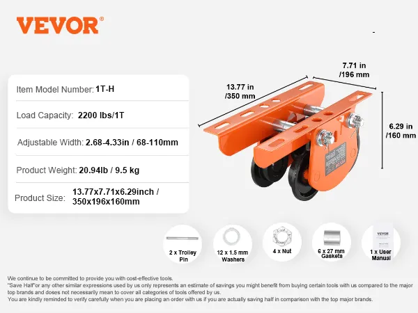 Carrello paranco elettrico VEVOR con capacità di 2200 libbre, larghezza regolabile 68-110 mm, modello 1t-h.