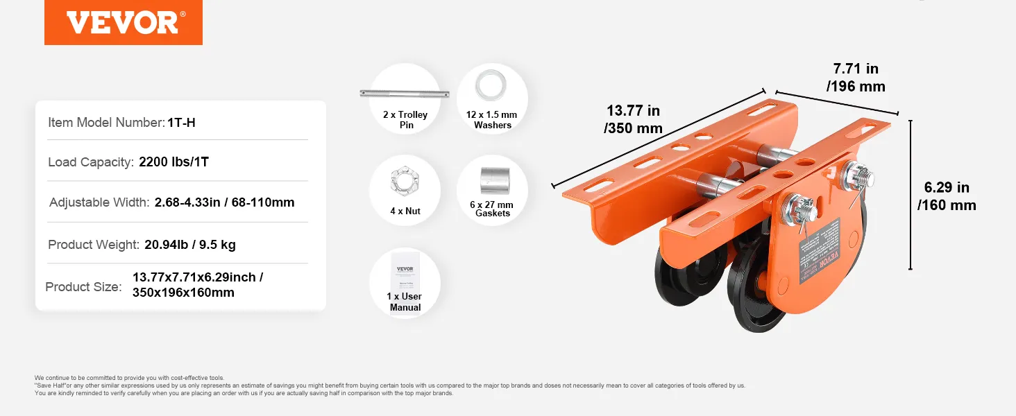 Carrello paranco elettrico VEVOR con capacità di 2200 libbre, larghezza regolabile 68-110 mm, modello 1t-h.