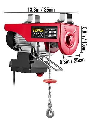 Polipasto eléctrico VEVOR pa300 con dimensiones etiquetadas en negrita