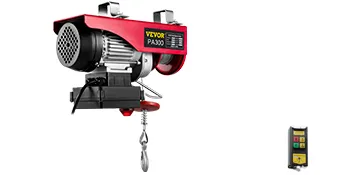 Polipasto eléctrico VEVOR con mando a distancia, color rojo y plata.