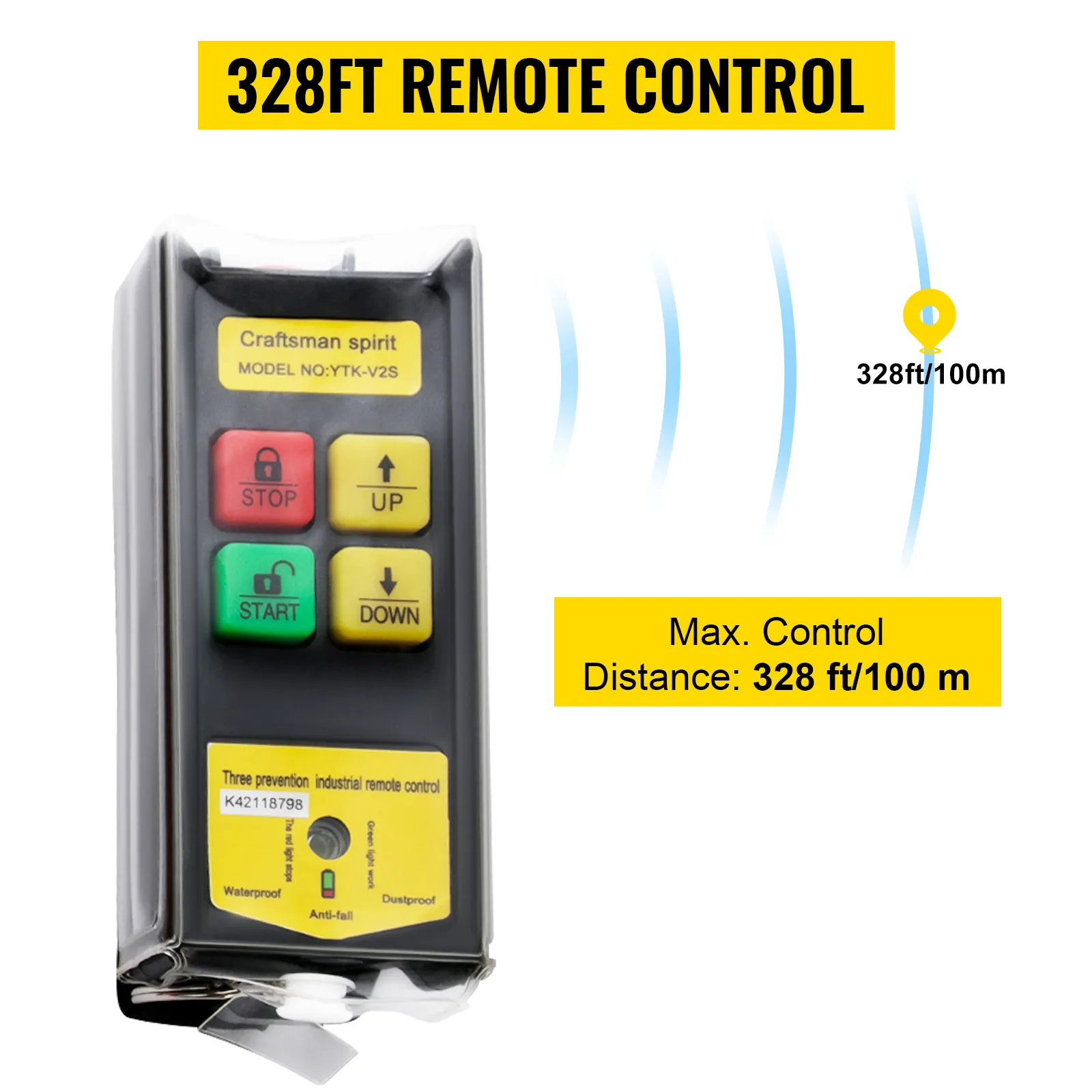 Control remoto de polipasto eléctrico VEVOR con alcance de 328 pies y botones a prueba de agua.