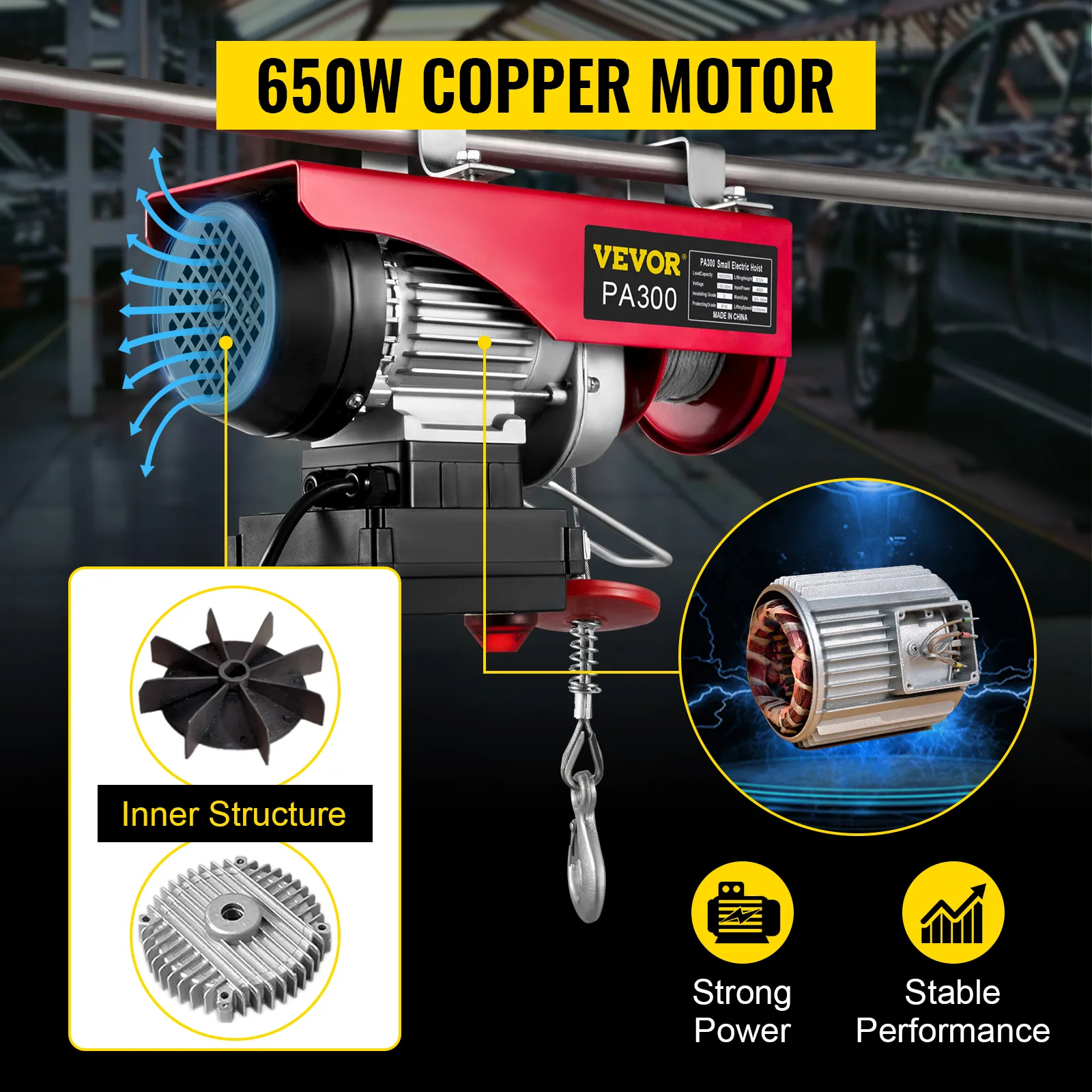 Polipasto eléctrico VEVOR con motor de cobre de 650 W para una gran potencia y un rendimiento estable.