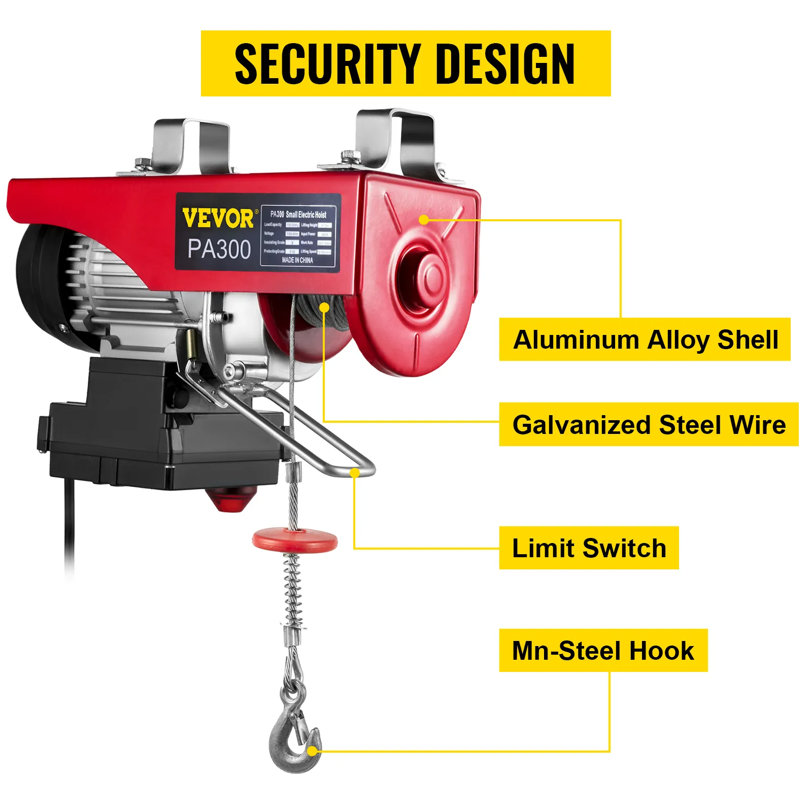 Polipasto eléctrico VEVOR con carcasa de aleación de aluminio, cable de acero galvanizado, interruptor de límite, gancho de acero mn.