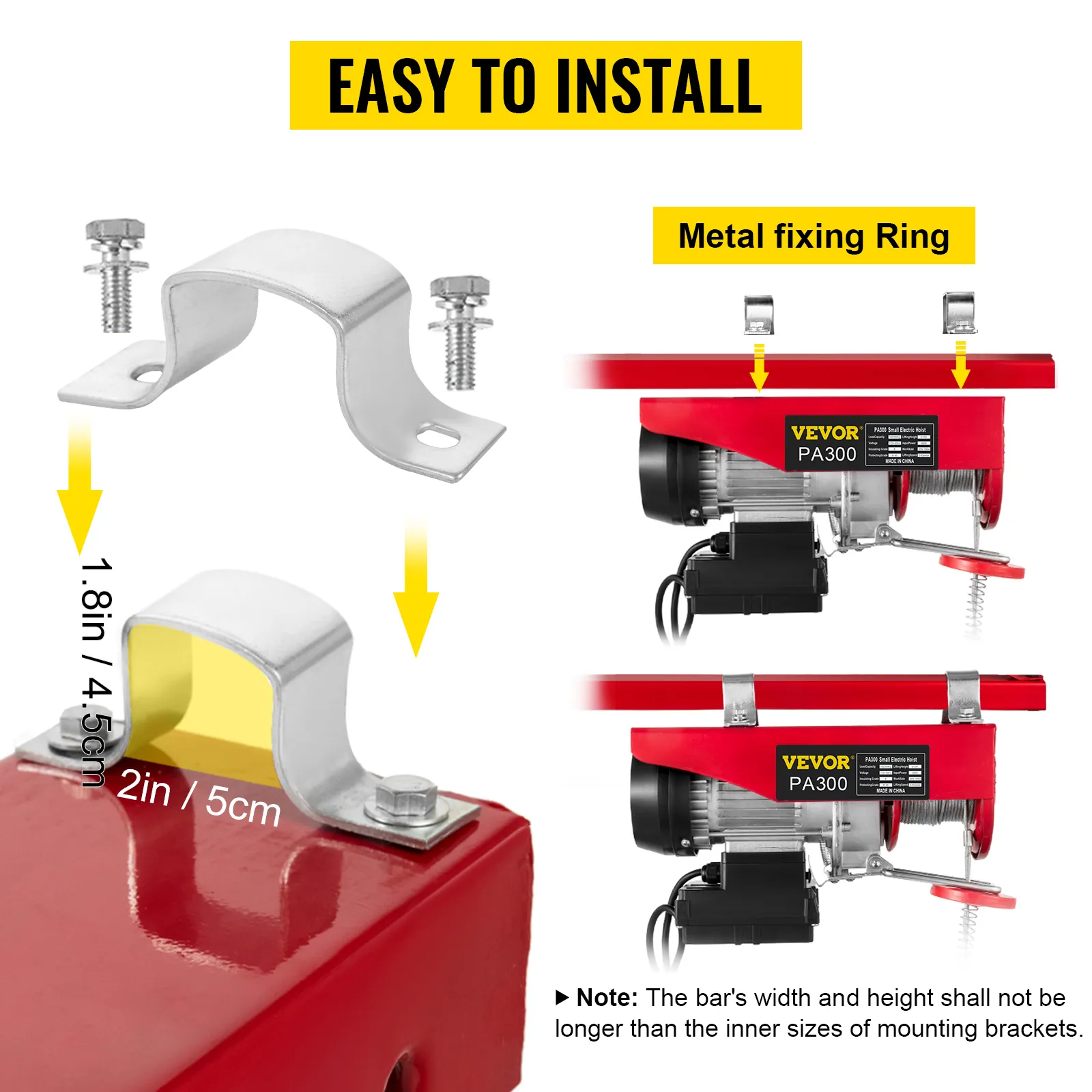 Instalación de polipasto eléctrico VEVOR con anillo de fijación metálico y dimensiones de montaje.