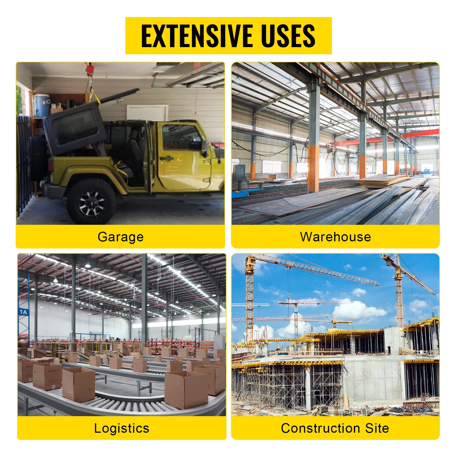 Usos del polipasto eléctrico VEVOR: garaje, almacén, logística, sitio de construcción.