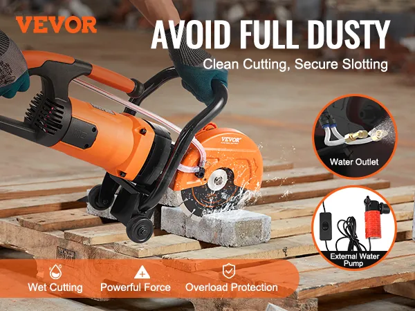 VEVOR electric concrete saw cutting concrete blocks on a pallet, featuring wet cutting and overload protection.