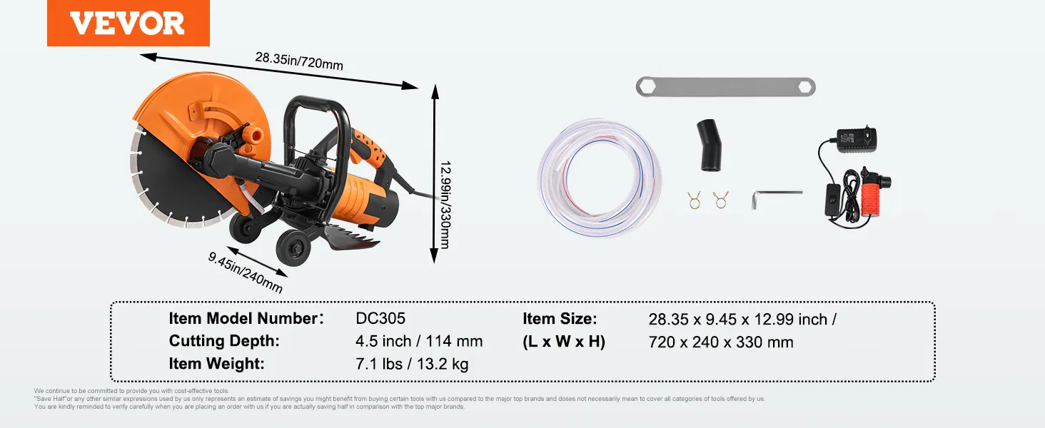VEVOR electric concrete saw dc305, 4.5-inch cutting depth, 28.35 x 9.45 x 12.99 inches, 7.1 lbs.