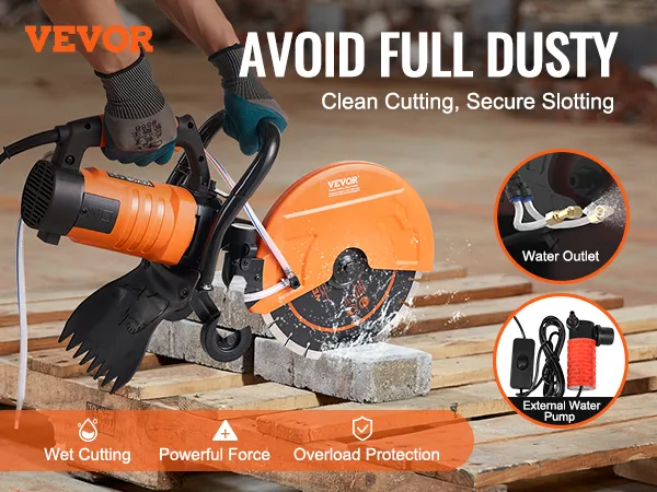 VEVOR electric concrete saw cutting concrete block with water outlet and external water pump features.