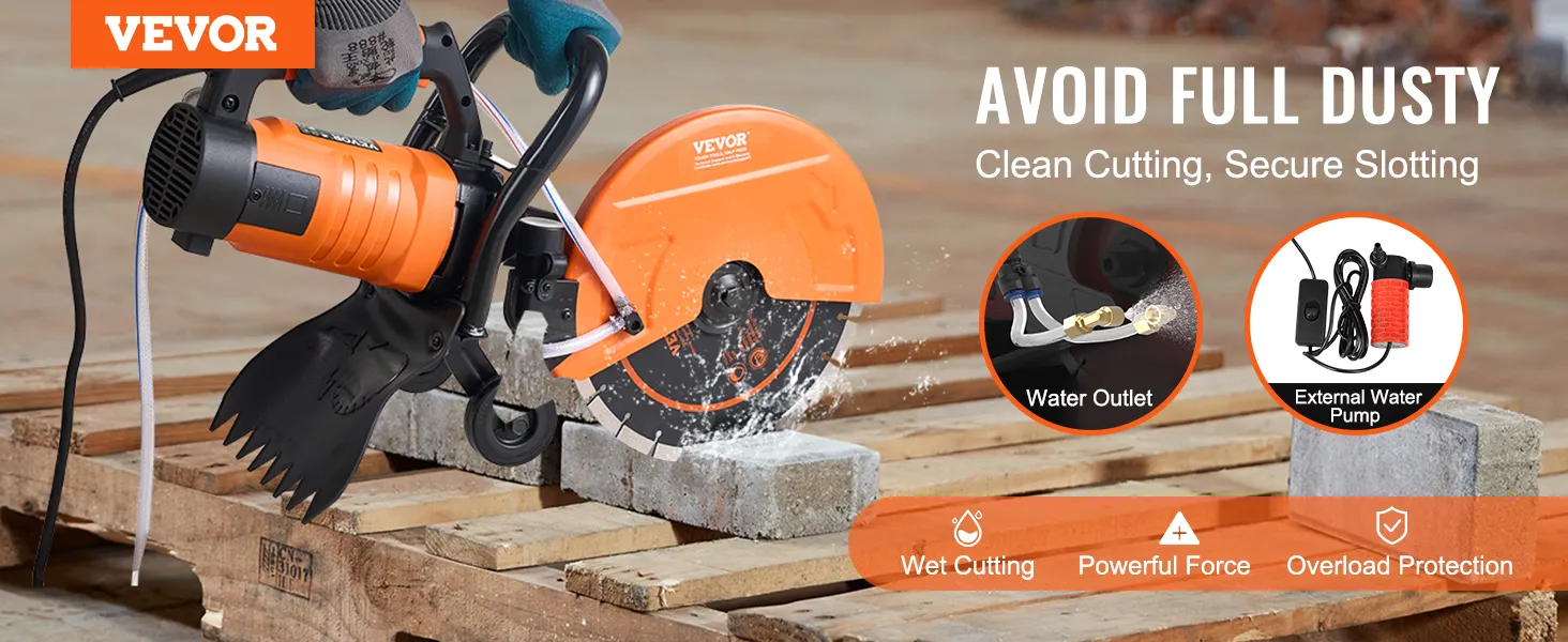 VEVOR electric concrete saw cutting concrete block with water outlet and external water pump features.