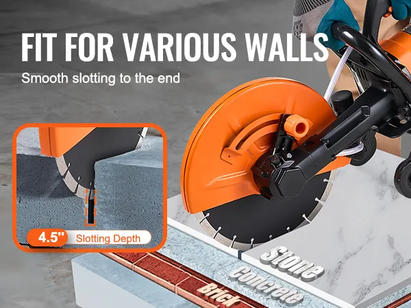 VEVOR electric concrete saw cutting stone, concrete, and brick walls with 4.5" slotting depth.