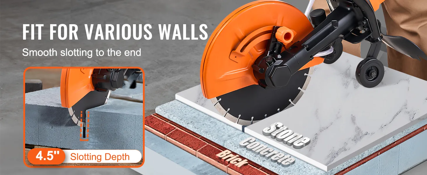VEVOR electric concrete saw cutting stone, concrete, and brick walls with 4.5" slotting depth.