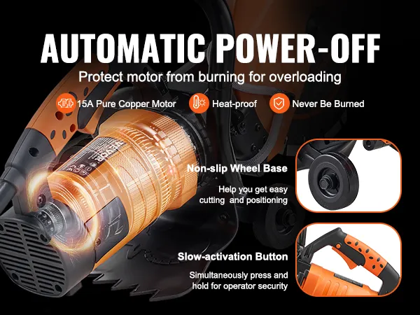 VEVOR electric concrete saw with 15a motor, non-slip wheel base, and automatic power-off feature.